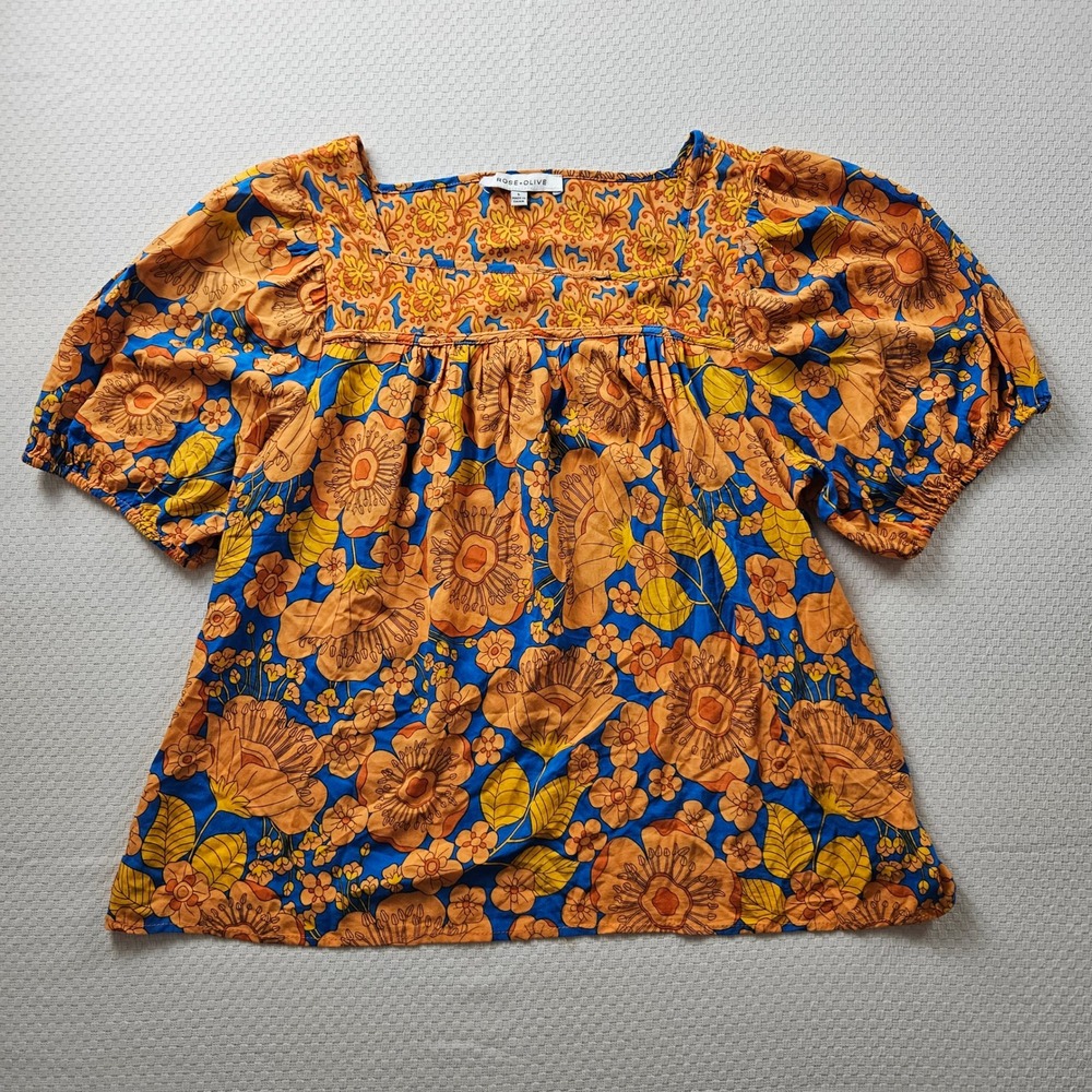 Women L Floral Blouse Retro Boho 70s Mod Puff Sleeve Orange Blue Cottage Twee